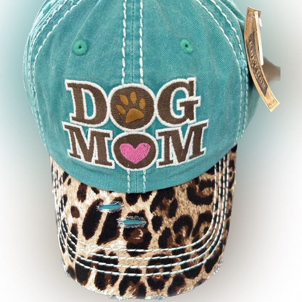 New! Dog Mom Turquoise hat with Leopard print bill. OS